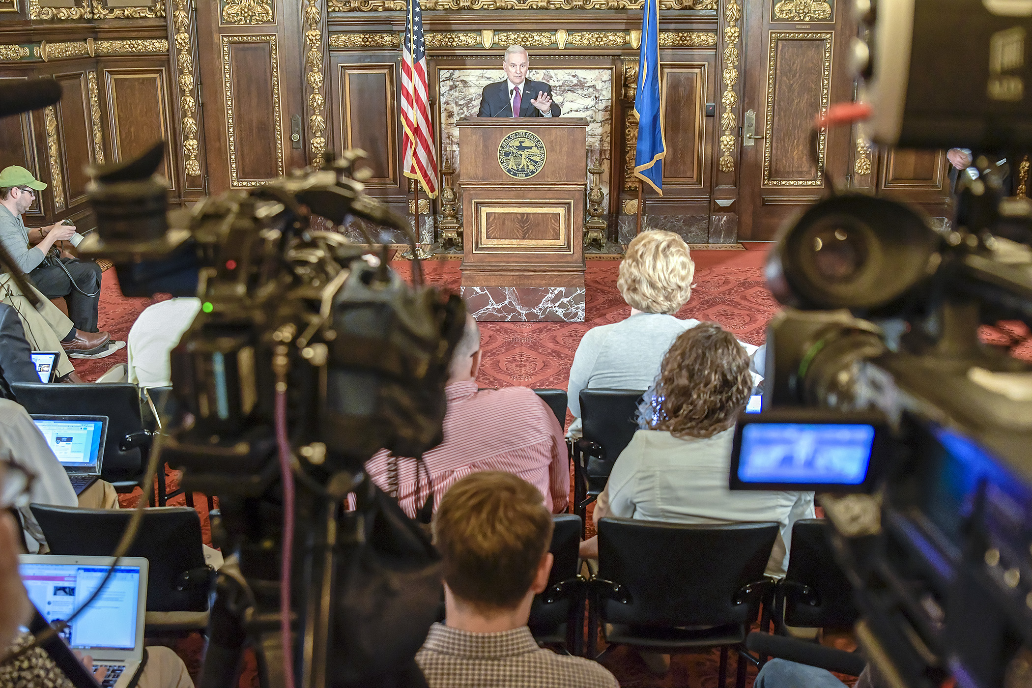 Gov. Mark Dayton holds a press conference May 30 to announce he has signed the bonding bill, minus a provision he line-item vetoed. Photo by Andrew VonBank